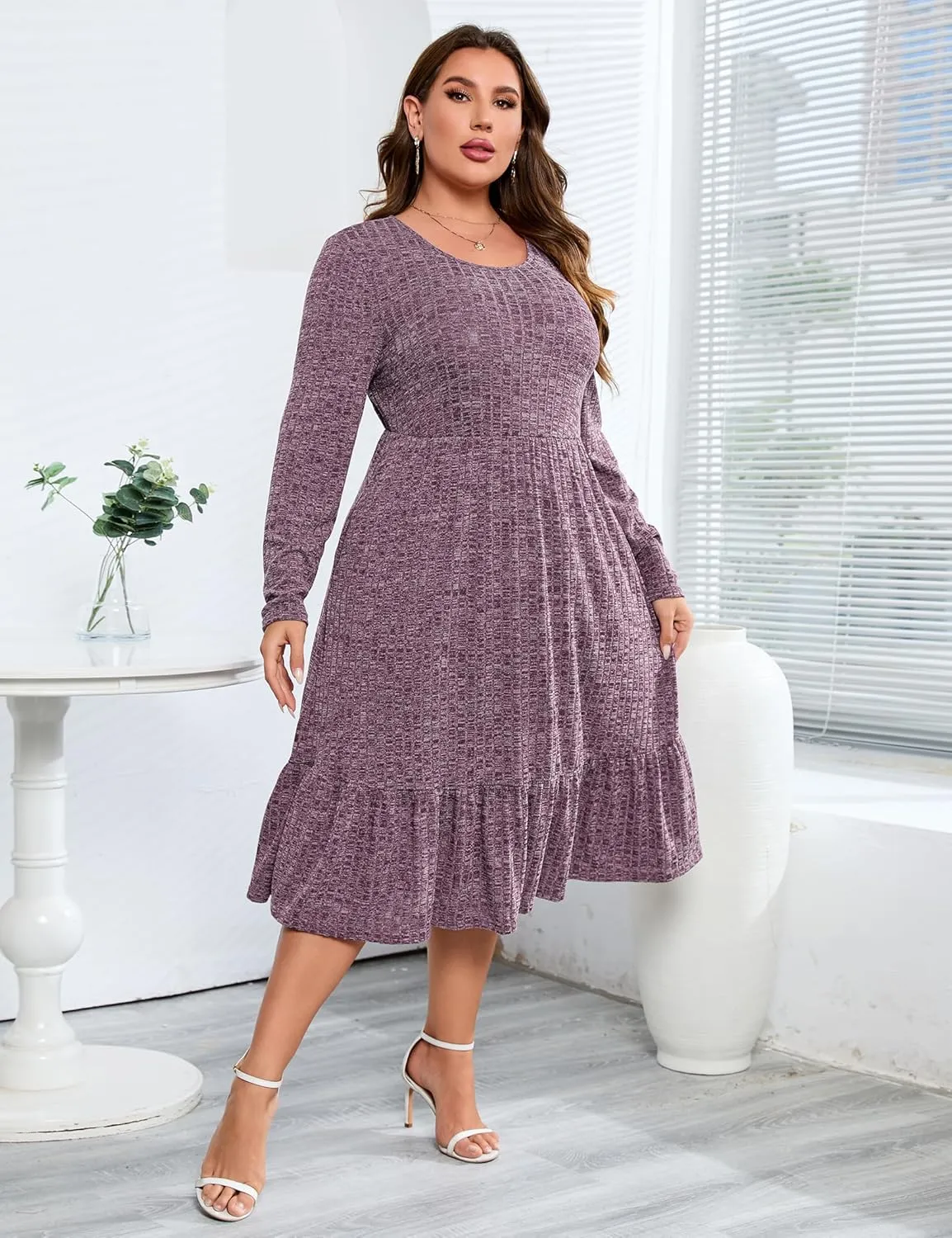 ShopWonder Womens Plus Size Ribbed Knit Sweater Dress Long Sleeve Stretchy Comfy Casual Fall Dress with Pockets