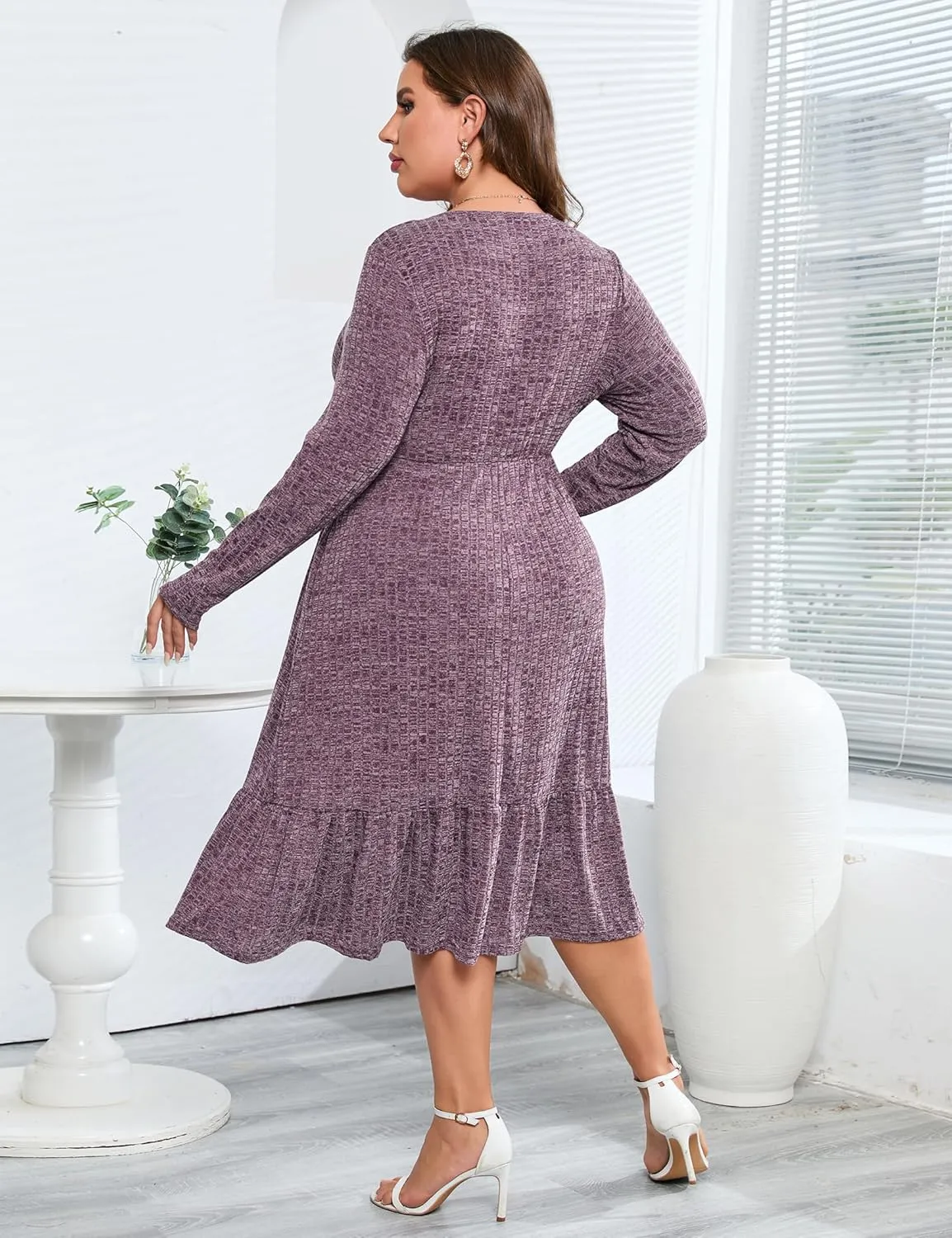 ShopWonder Womens Plus Size Ribbed Knit Sweater Dress Long Sleeve Stretchy Comfy Casual Fall Dress with Pockets