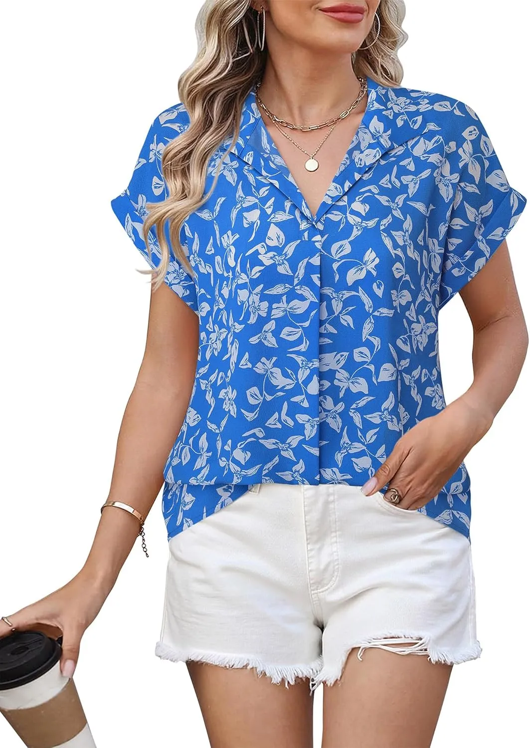 Timeson Women's Short Sleeve Chiffon Blouses for Office Work Business Attire Collared Shirts
