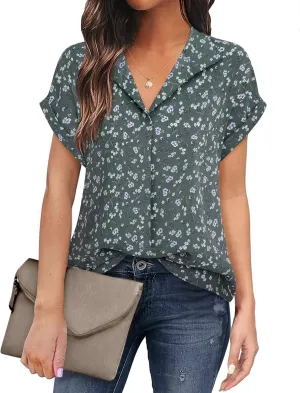 Timeson Women's Short Sleeve Chiffon Blouses for Office Work Business Attire Collared Shirts