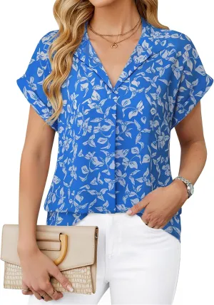 Timeson Women's Short Sleeve Chiffon Blouses for Office Work Business Attire Collared Shirts