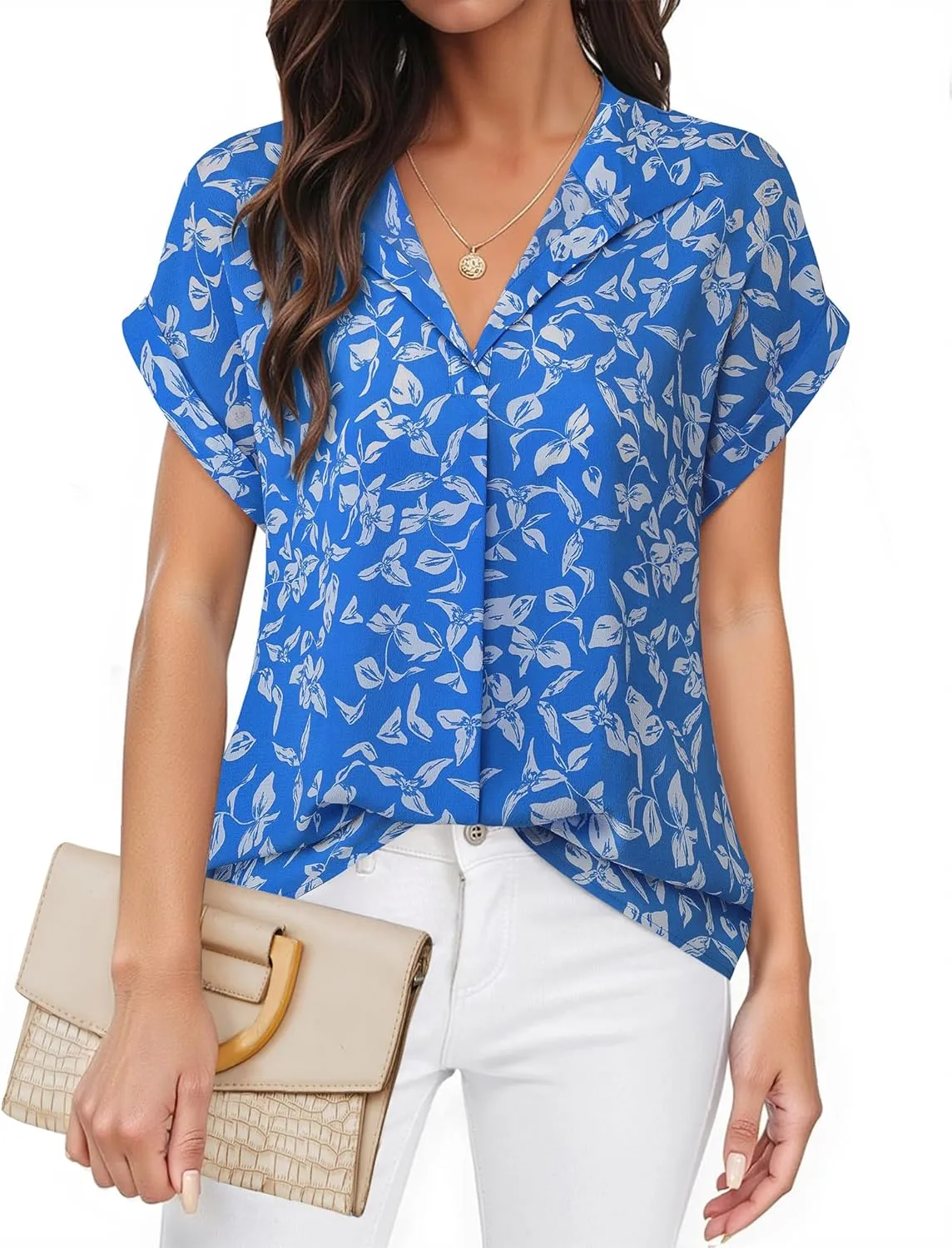 Timeson Women's Short Sleeve Chiffon Blouses for Office Work Business Attire Collared Shirts