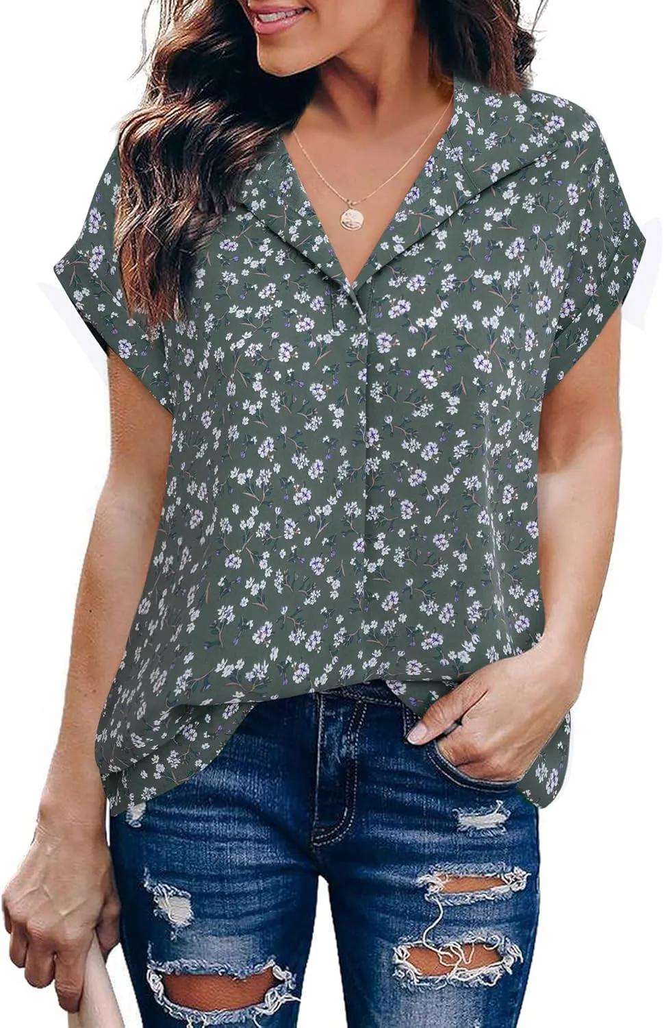 Timeson Women's Short Sleeve Chiffon Blouses for Office Work Business Attire Collared Shirts