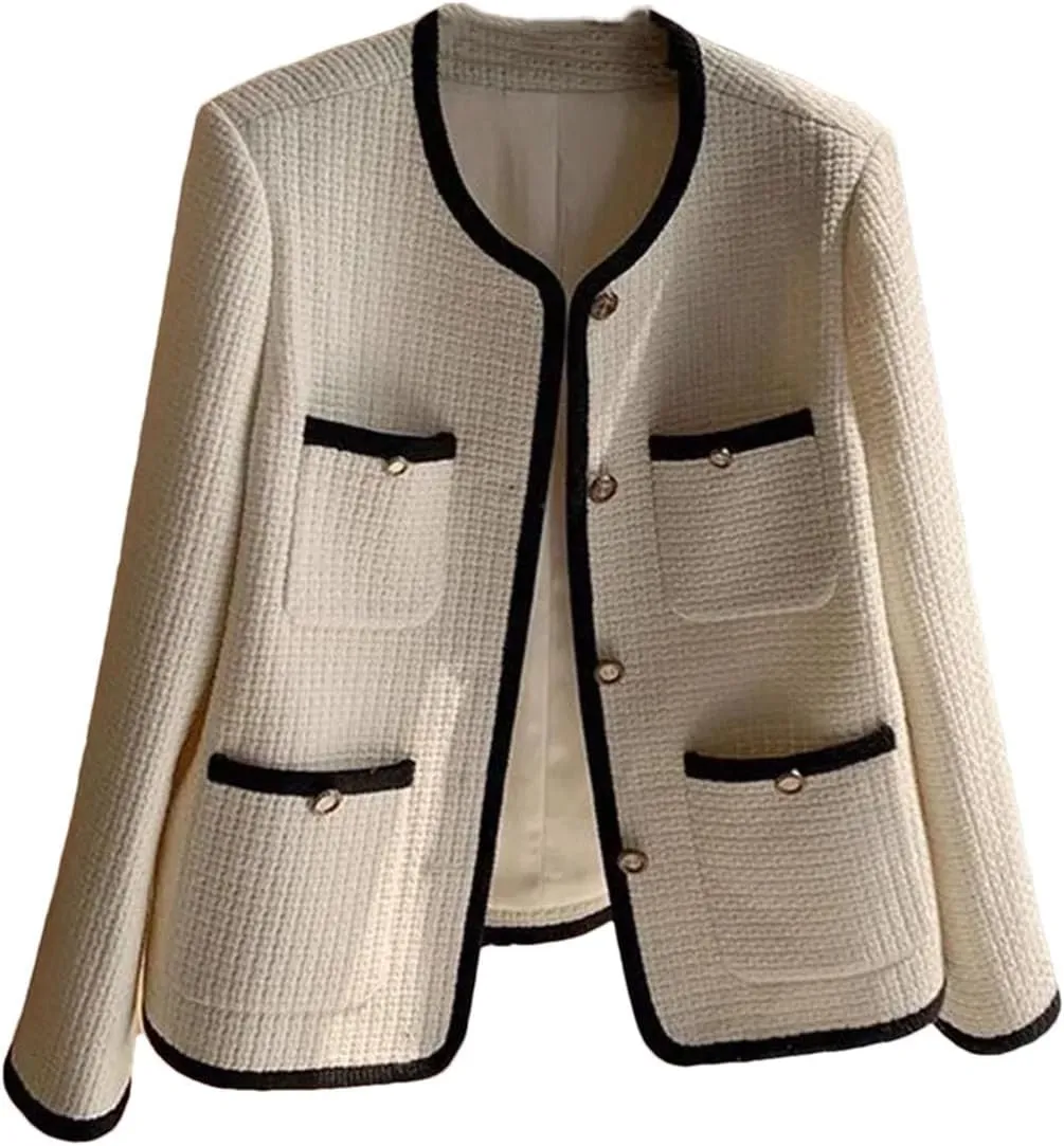 Women O-Neck Tweed Single Breasted Woolen Jackets Korean Wool Blend Tops Spring Fall Elegant Coats