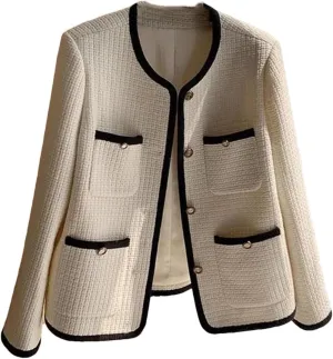 Women O-Neck Tweed Single Breasted Woolen Jackets Korean Wool Blend Tops Spring Fall Elegant Coats